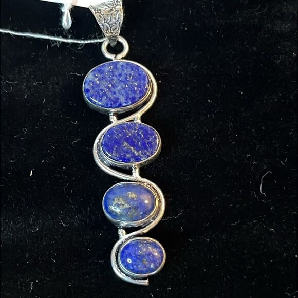 Natural Triple Grade Lapis Lazuli 4 Stone Drop Pendant in 925 Sterling Silver - Picture 7 of 8
